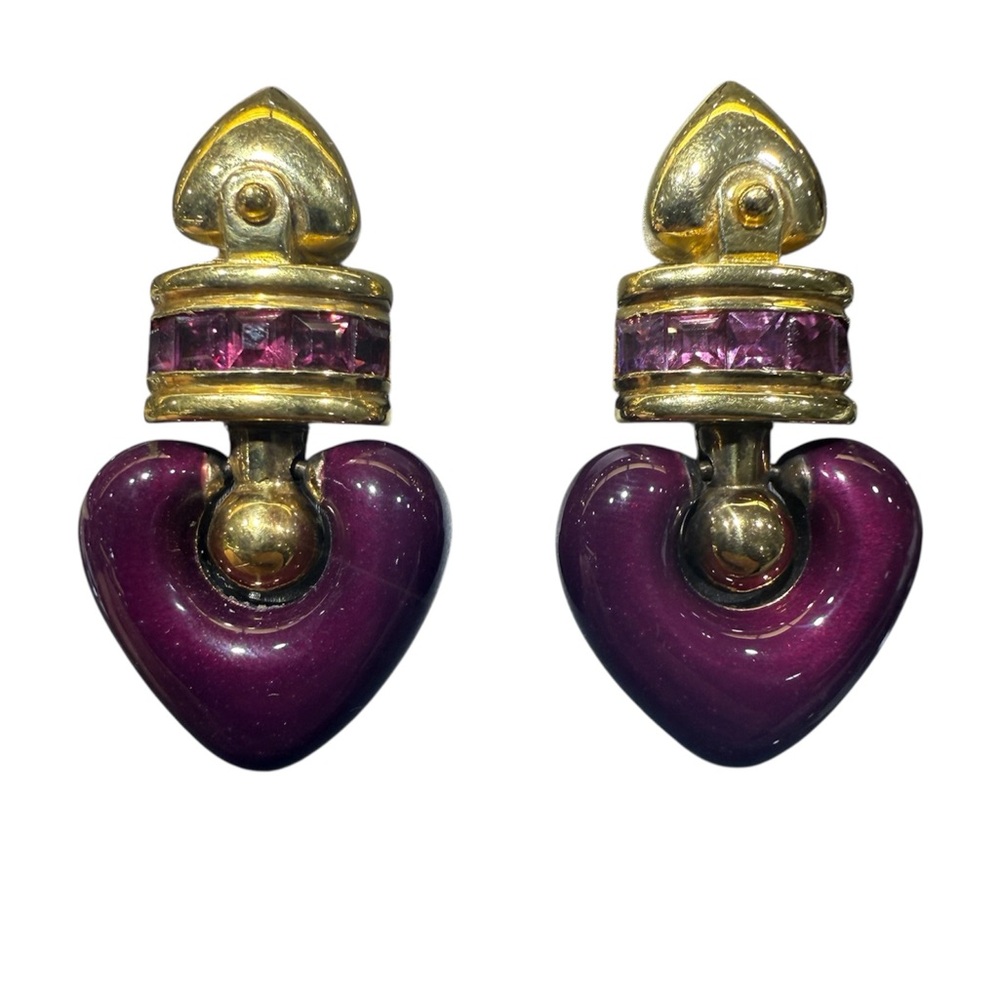 La Nouvelle Bague Pink Tourmaline & Enamel 18k Yellow Gold Heart Drop Earrings